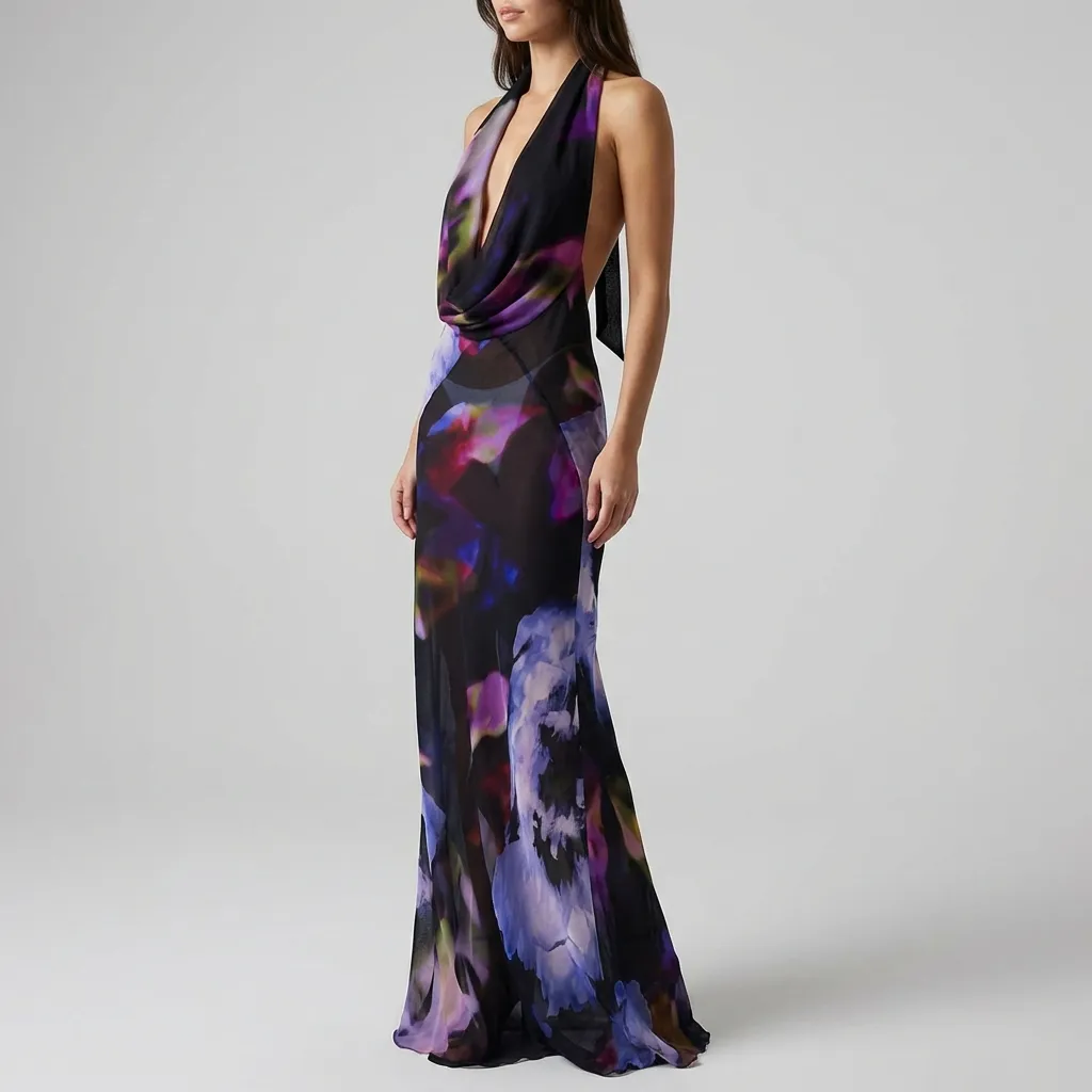 Dames avondjurk | Maxi jurk met print, diepe V-hals en open rug - Image 9