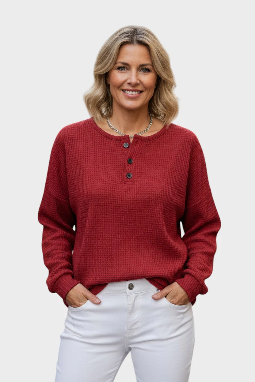 Wafelgebreide comfortabele trui met knoopdetail – dames - Image 3