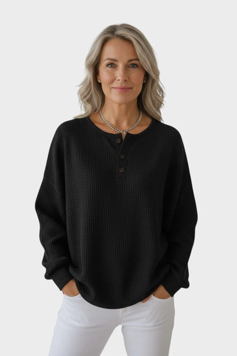 Wafelgebreide comfortabele trui met knoopdetail – dames - Image 4